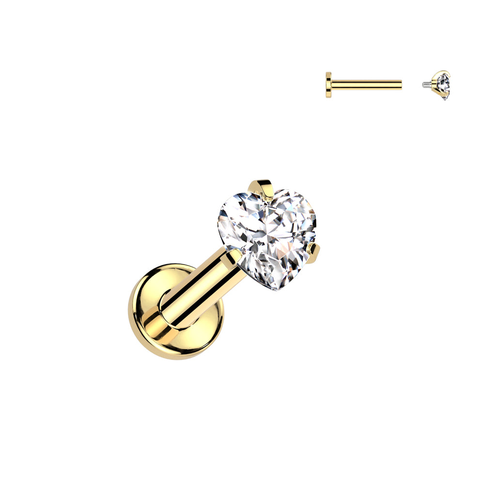 Cherry Diva Flat Back Stud Gold 16 Gauge Titanium Internally Threaded Prong Set Crystal Heart Stud