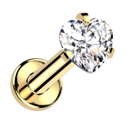 Cherry Diva Flat Back Stud Gold 16 Gauge Titanium Internally Threaded Prong Set Crystal Heart Stud