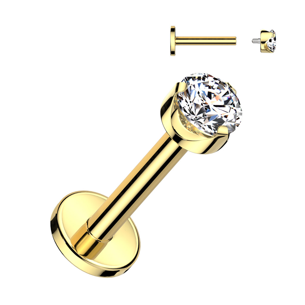 Cherry Diva Flat Back Stud Gold 16 Gauge Titanium Internally Threaded Round Crystal Cartilage / Labret Stud