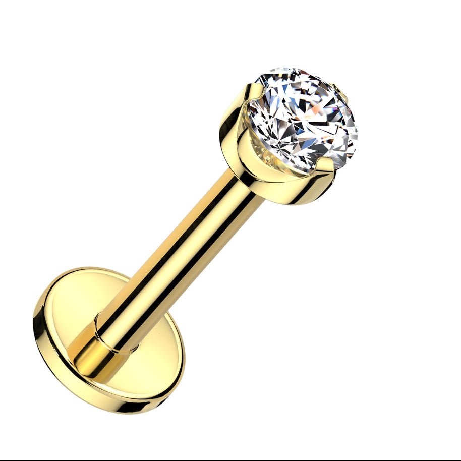 Cherry Diva Flat Back Stud Gold 16 Gauge Titanium Internally Threaded Round Crystal Cartilage / Labret Stud