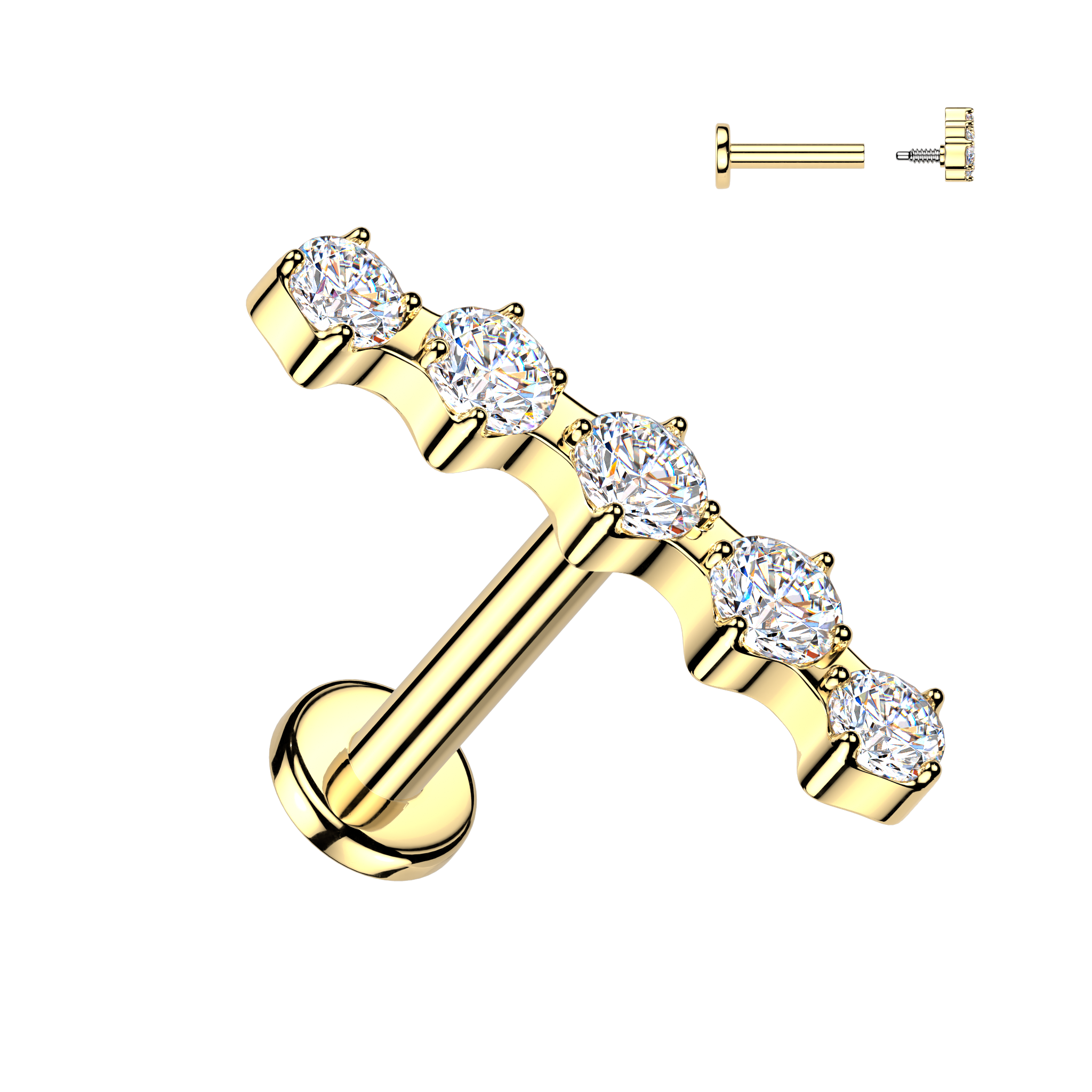 Cherry Diva Flat Back Stud Gold / 6MM 16 Gauge Hypoallergenic Surgical Steel 5 Crystal Row Stud