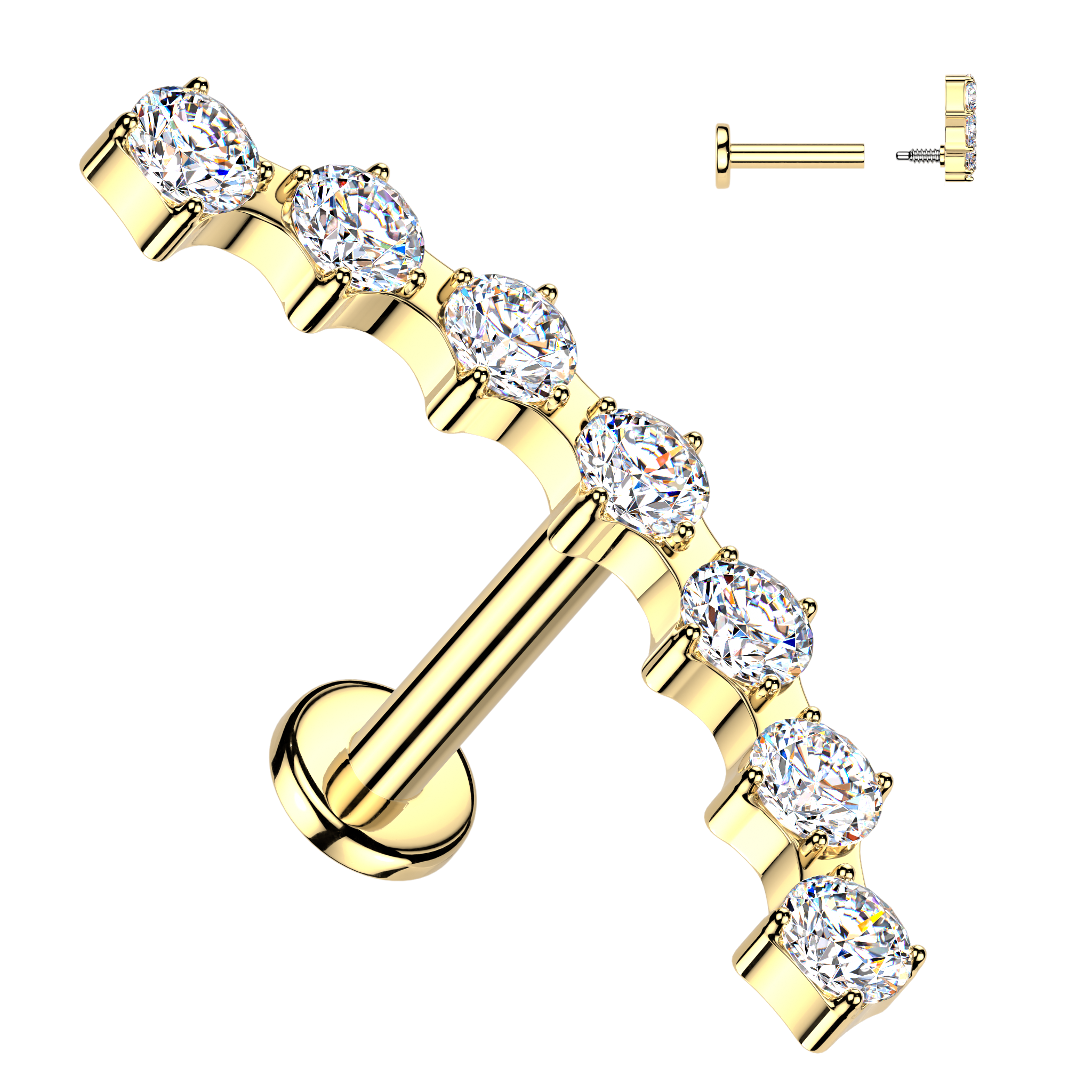 Cherry Diva Flat Back Stud Gold / 6MM 16 Gauge Hypoallergenic Surgical Steel 7 Crystal Row Stud