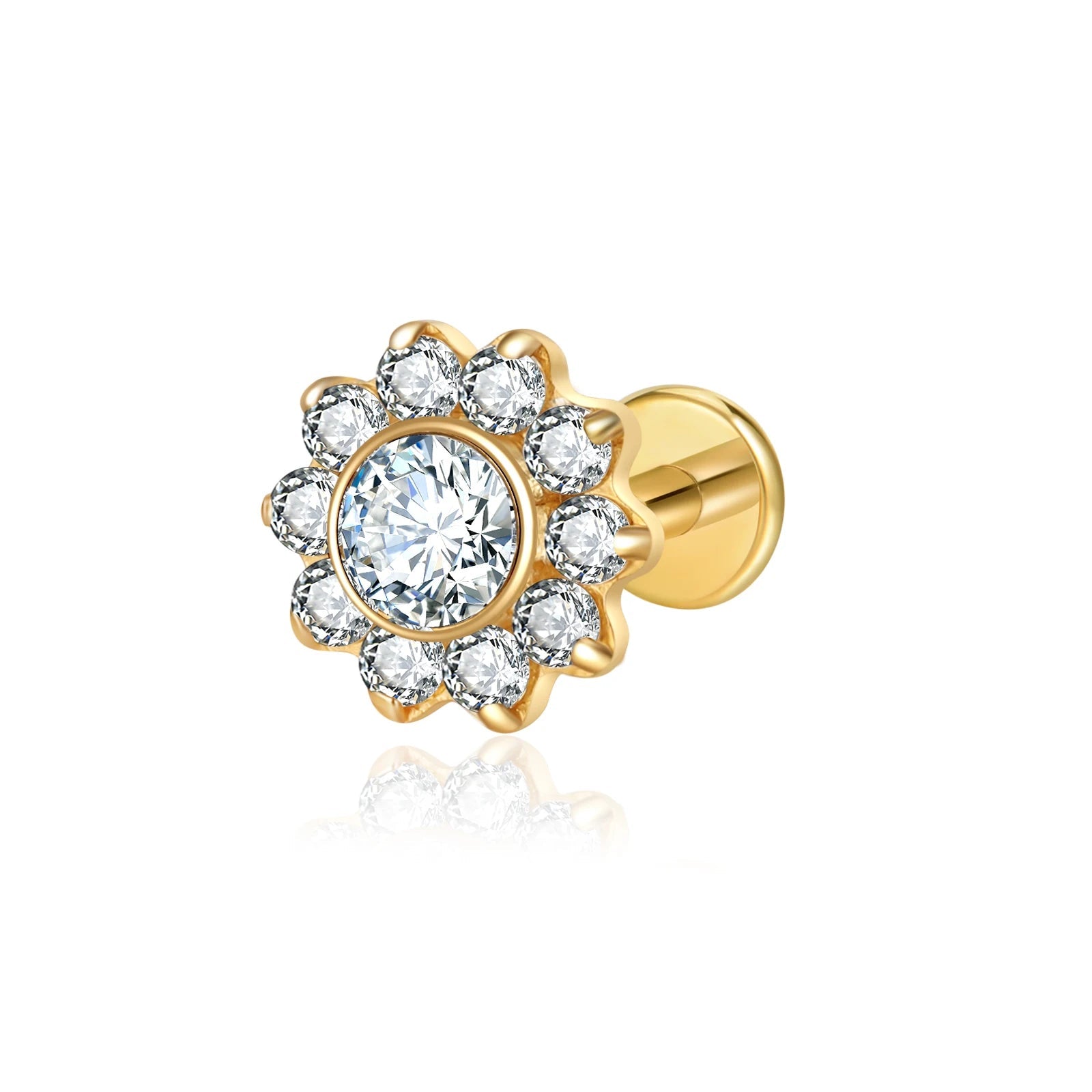 Cherry Diva Flat Back Stud Gold / 6MM 16 Gauge Internally Threaded Titanium Crystal Flower Stud