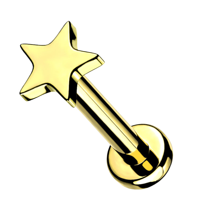 Cherry Diva Flat Back Stud Gold / 6MM 16 Gauge Internally Threaded Titanium Star Labret Stud