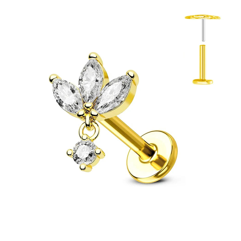 Cherry Diva Flat Back Stud Gold / 6MM 16 Gauge Threadless Titanium Dangling Crystal Flower Stud