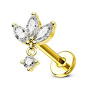 Cherry Diva Flat Back Stud Gold / 6MM 16 Gauge Threadless Titanium Dangling Crystal Flower Stud