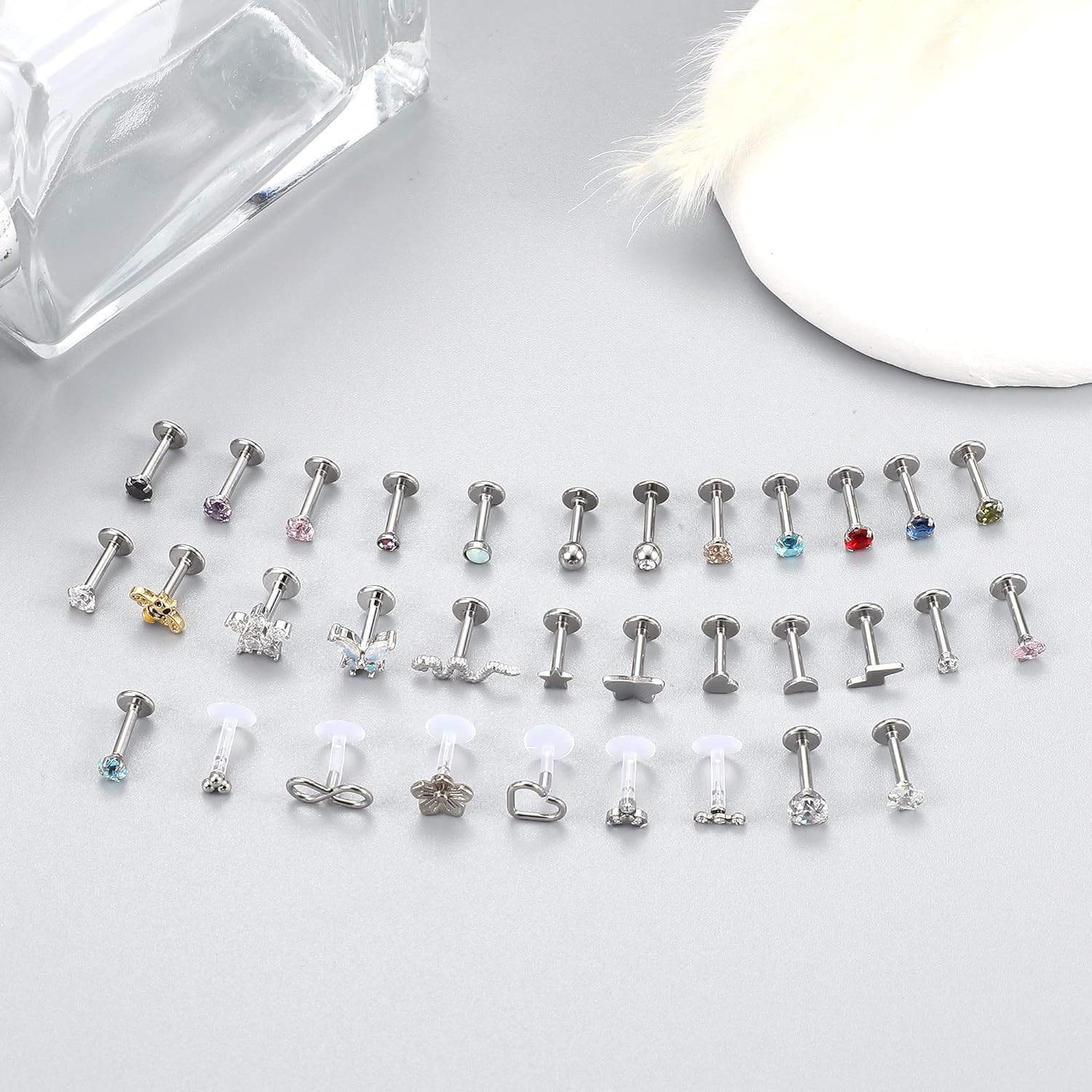 Multi Pack Of 33 Silver & Crystal Cartilage / Labret Studs