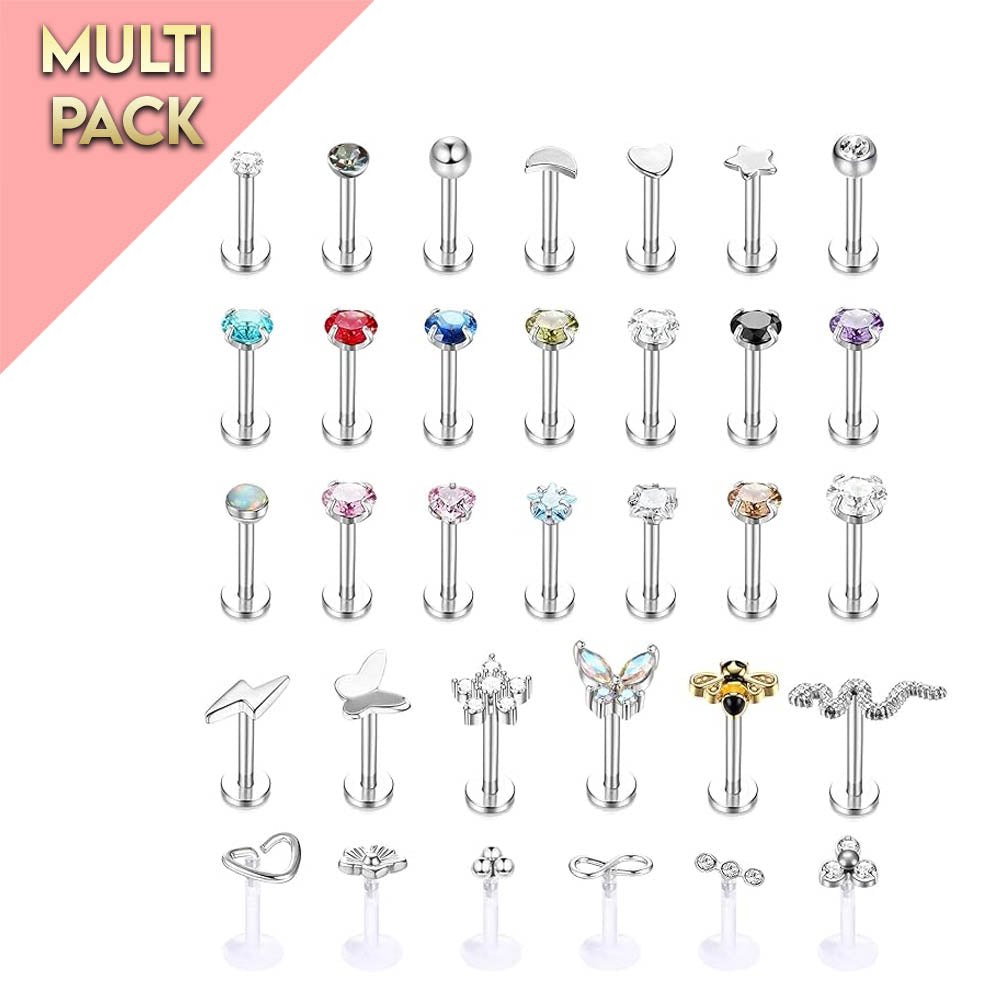 Cherry Diva Flat Back Stud Multi Pack Of 33 Silver & Crystal Cartilage / Labret Studs