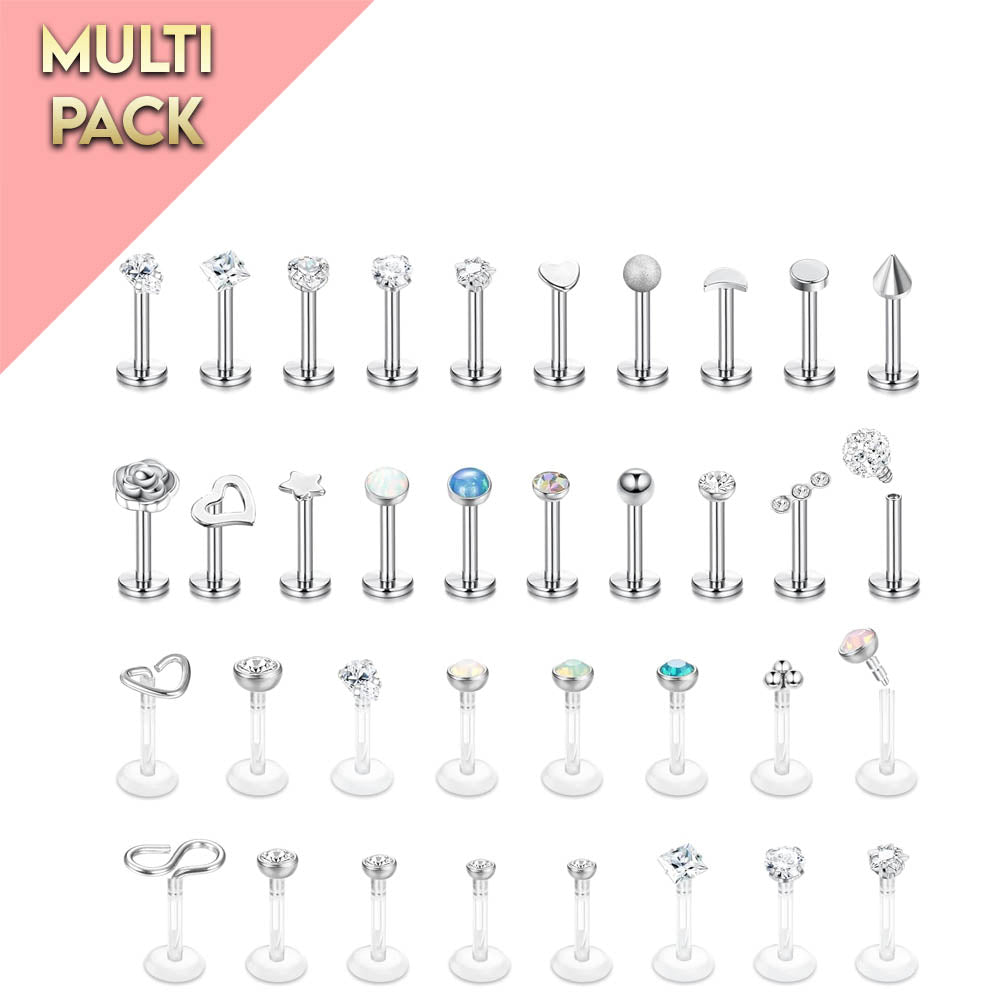 Multi Pack Of 36 Silver & Crystal Cartilage / Labret Studs