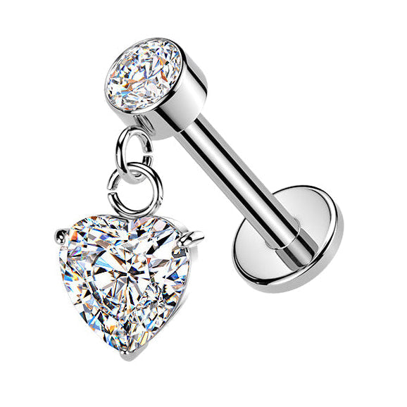 Cherry Diva Flat Back Stud Silver 16 Gauge Hypoallergenic Internally Threaded Dangling Heart Stud