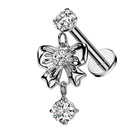 Cherry Diva Flat Back Stud Silver 16 Gauge Internally Threaded Dangling Crystal Bow Stud