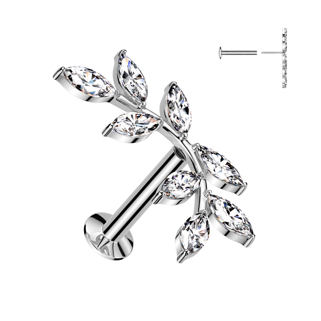 Cherry Diva Flat Back Stud Silver 16 Gauge Threadless Crystal Petal Cartilage Stud