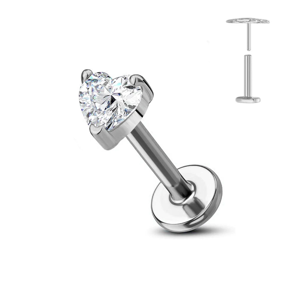 Cherry Diva Flat Back Stud Silver 16 Gauge Threadless Titanium Crystal Heart Stud