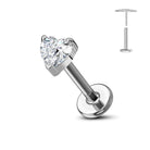 Cherry Diva Flat Back Stud Silver 16 Gauge Threadless Titanium Crystal Heart Stud