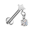 Cherry Diva Flat Back Stud Silver 16 Gauge Threadless Titanium Dangling Crystal Star Stud