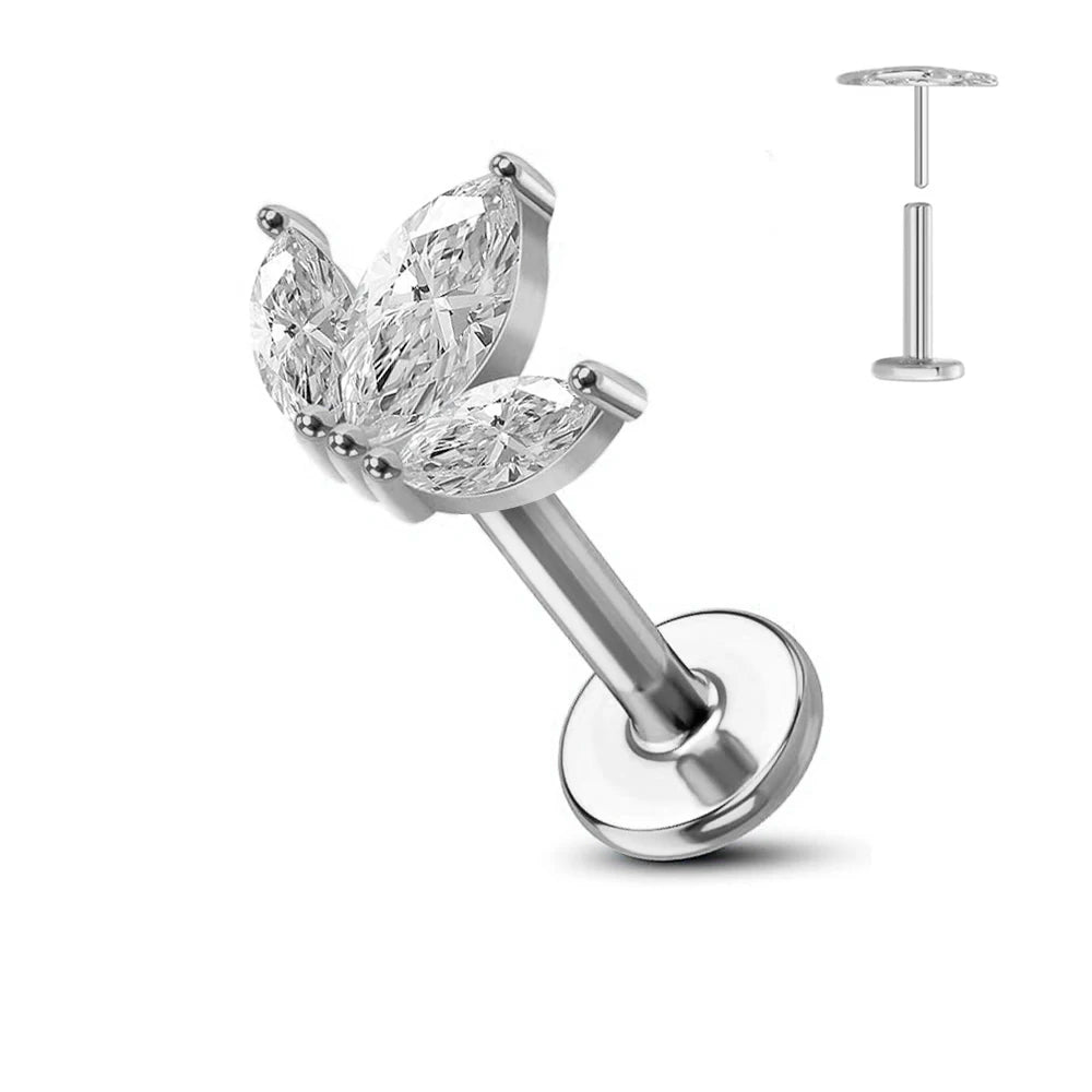 Cherry Diva Flat Back Stud Silver 16 Gauge Threadless Titanium Triple Crystal Stud