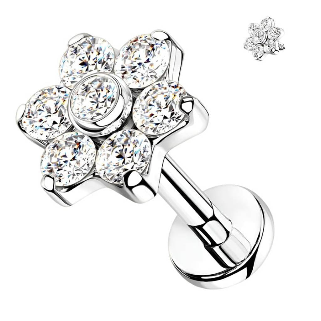 Cherry Diva Flat Back Stud Silver 16 Gauge Titanium Crystal Flower Cartilage Stud