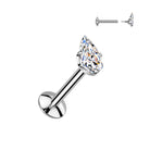 Cherry Diva Flat Back Stud Silver 16 Gauge Titanium Internally Threaded Crystal Teardrop Stud