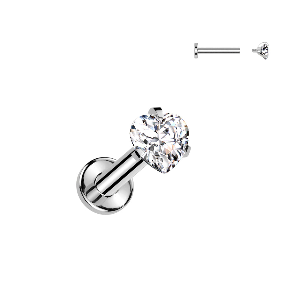 Cherry Diva Flat Back Stud Silver 16 Gauge Titanium Internally Threaded Prong Set Crystal Heart Stud