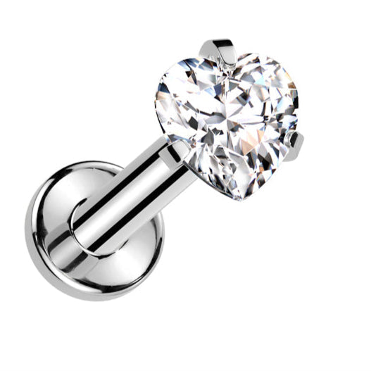 Cherry Diva Flat Back Stud Silver 16 Gauge Titanium Internally Threaded Prong Set Crystal Heart Stud