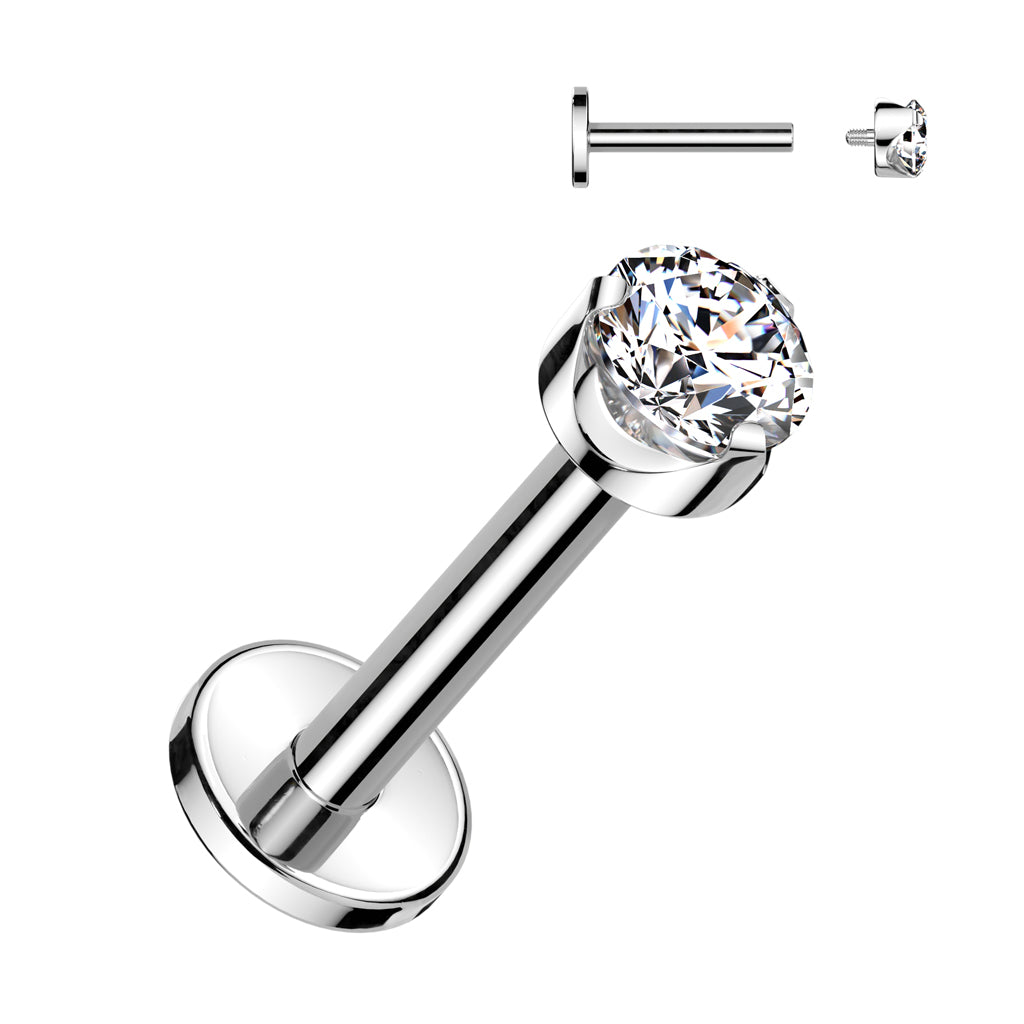 Cherry Diva Flat Back Stud Silver 16 Gauge Titanium Internally Threaded Round Crystal Cartilage / Labret Stud