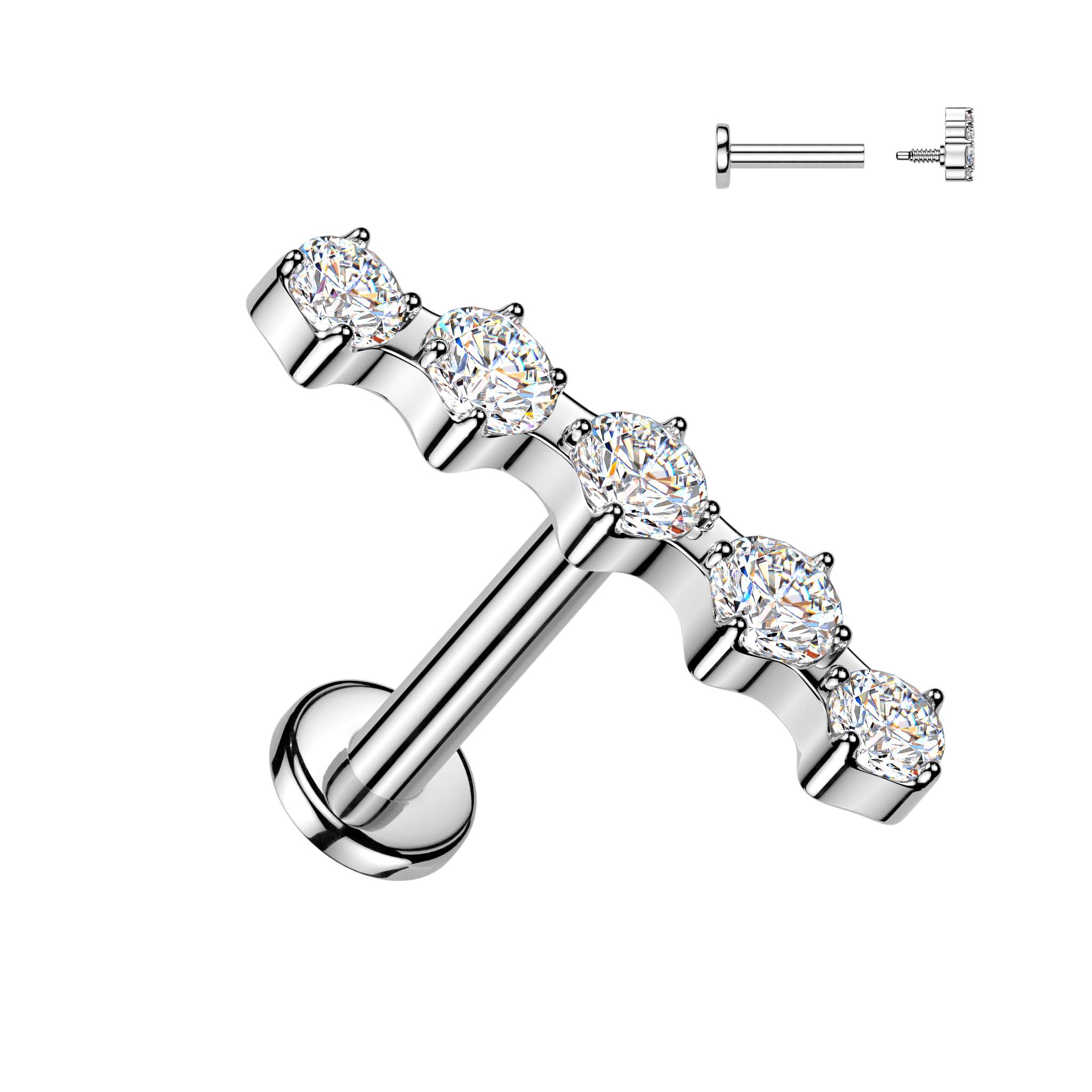 Cherry Diva Flat Back Stud Silver / 6MM 16 Gauge Hypoallergenic Surgical Steel 5 Crystal Row Stud