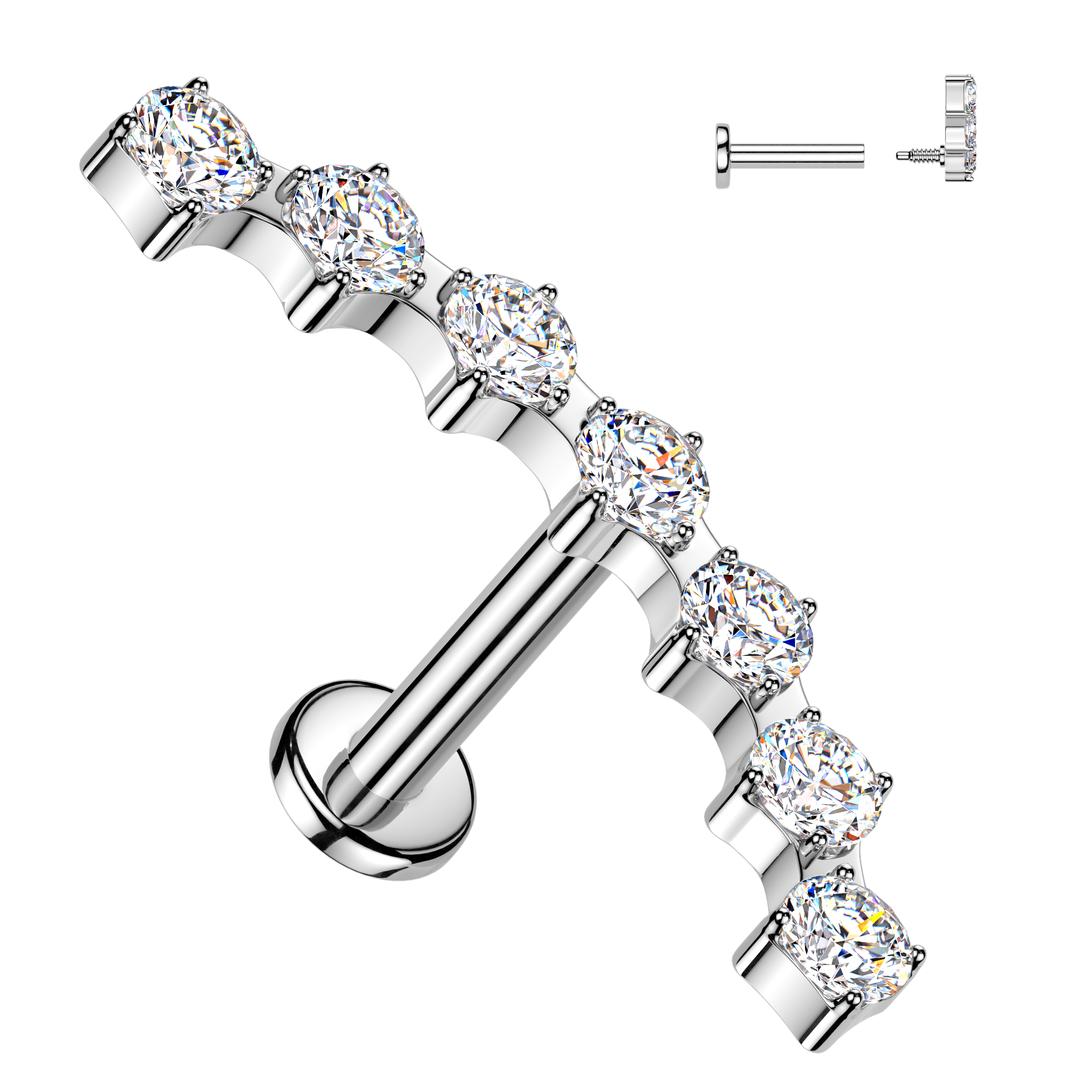 Cherry Diva Flat Back Stud Silver / 6MM 16 Gauge Hypoallergenic Surgical Steel 7 Crystal Row Stud