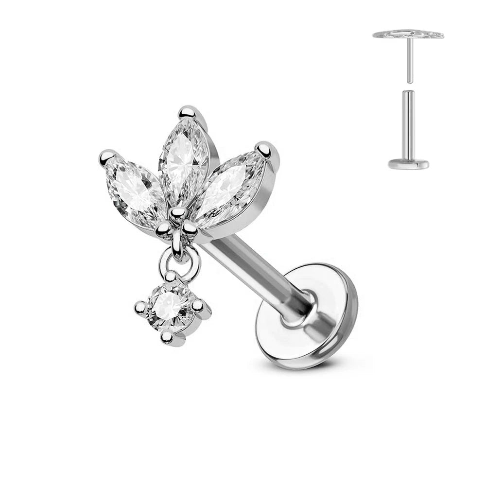 Cherry Diva Flat Back Stud Silver / 6MM 16 Gauge Threadless Titanium Dangling Crystal Flower Stud