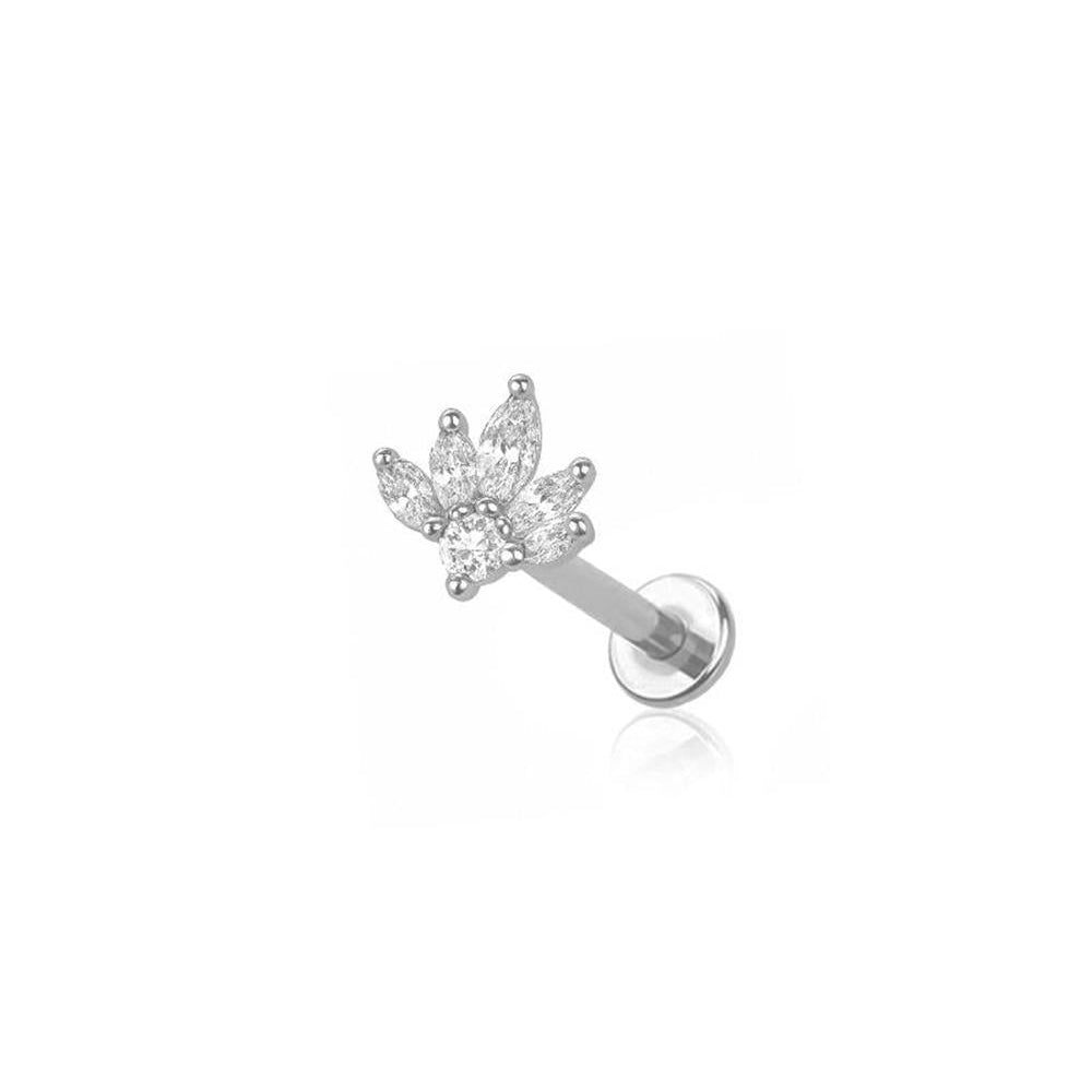 Cherry Diva Flat Back Stud Silver / 6MM 18 Gauge Threadless Crystal Lotus Flower Cartilage / Labret Stud