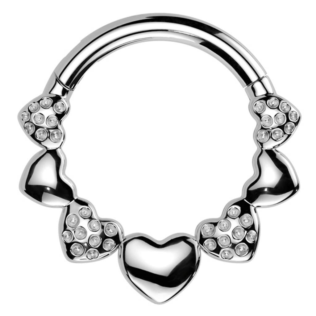 Cherry Diva Hinged Hoop Ring 16 Gauge Silver Crystal Hearts Hinged Hoop Ring