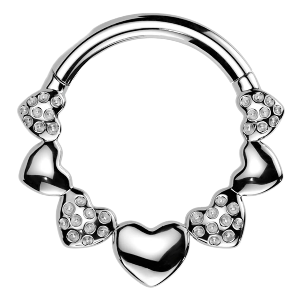 Cherry Diva Hinged Hoop Ring 16 Gauge Silver Crystal Hearts Hinged Hoop Ring