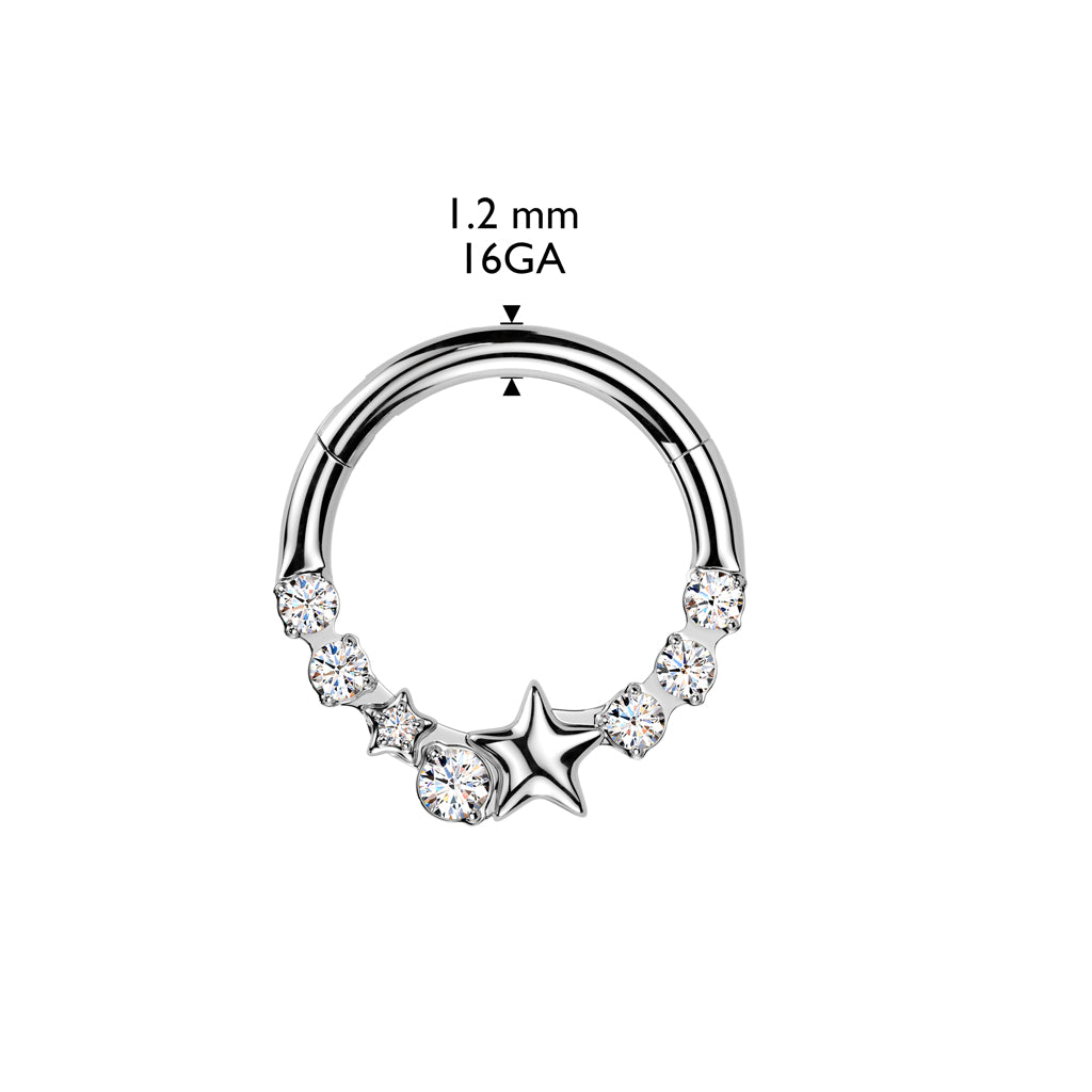 16 Gauge Silver Crystal Lined Star Hinged Hoop Ring - Cherry Diva