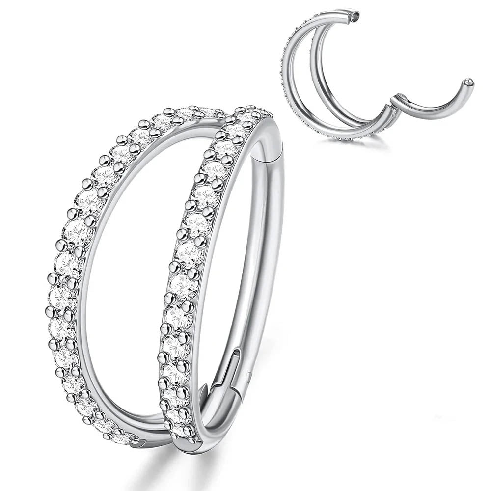 Cherry Diva Hinged Hoop Ring 8MM 16 Gauge Titanium Crystal Double Row Hinged Hoop Ring