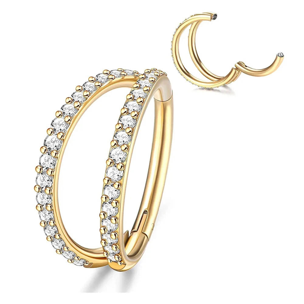 Cherry Diva Hinged Hoop Ring Gold / 8MM 16 Gauge Titanium Crystal Double Row Hinged Hoop Ring