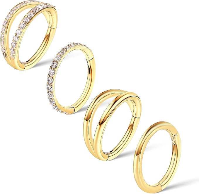 Cherry Diva Hinged Hoop Ring Gold / 8MM Multi Pack Of 4 Surgical Steel Crystal Hinged Hoops