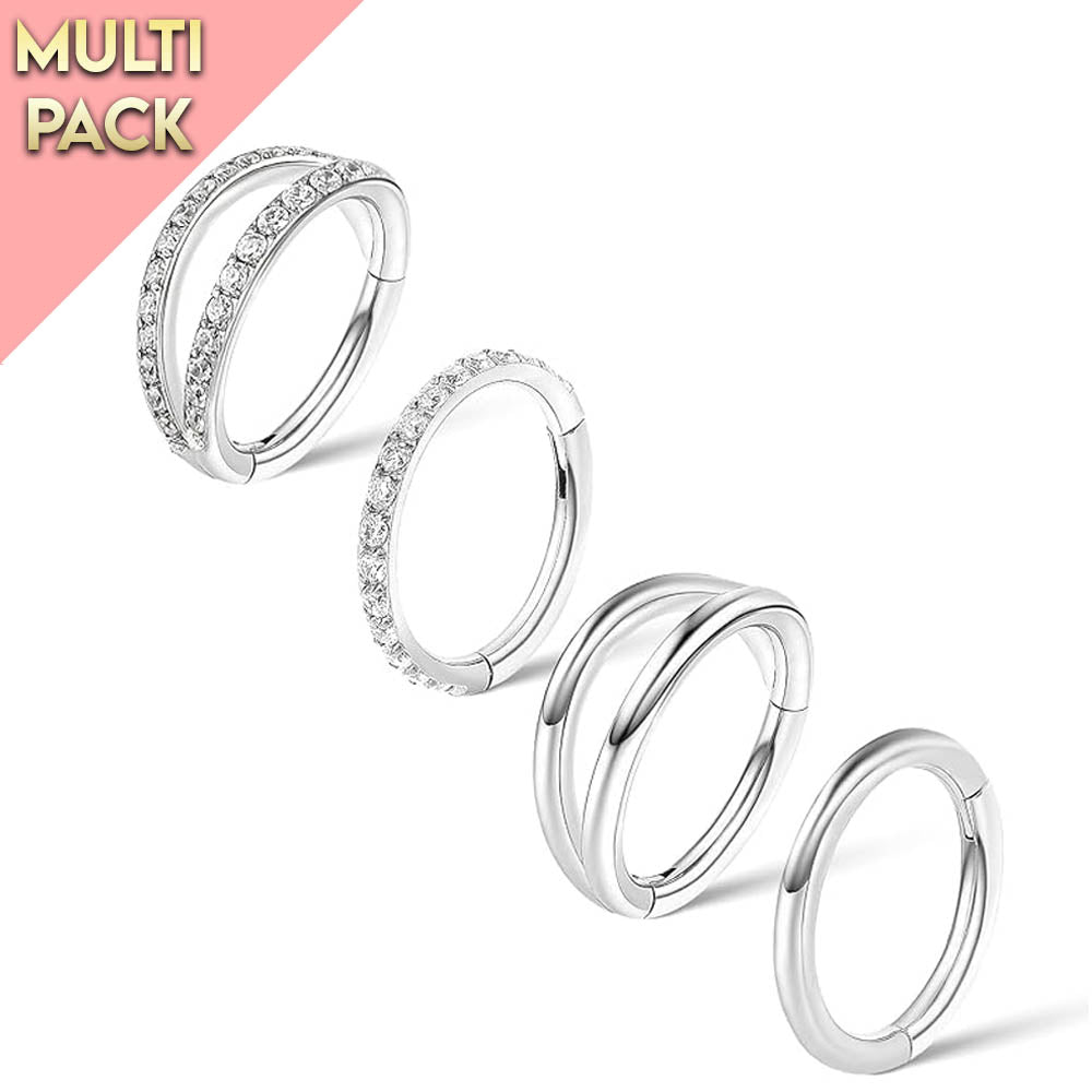 Cherry Diva Hinged Hoop Ring Multi Pack Of 4 Surgical Steel Crystal Hinged Hoops