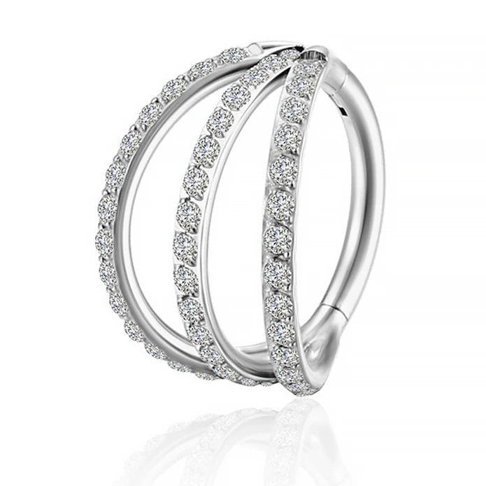 Cherry Diva Hinged Hoop Ring Silver / 8MM 16 Gauge Titanium Triple Crystal Hinged Hoop