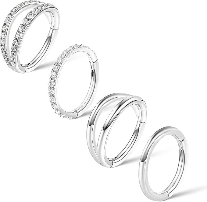 Cherry Diva Hinged Hoop Ring Silver / 8MM Multi Pack Of 4 Surgical Steel Crystal Hinged Hoops