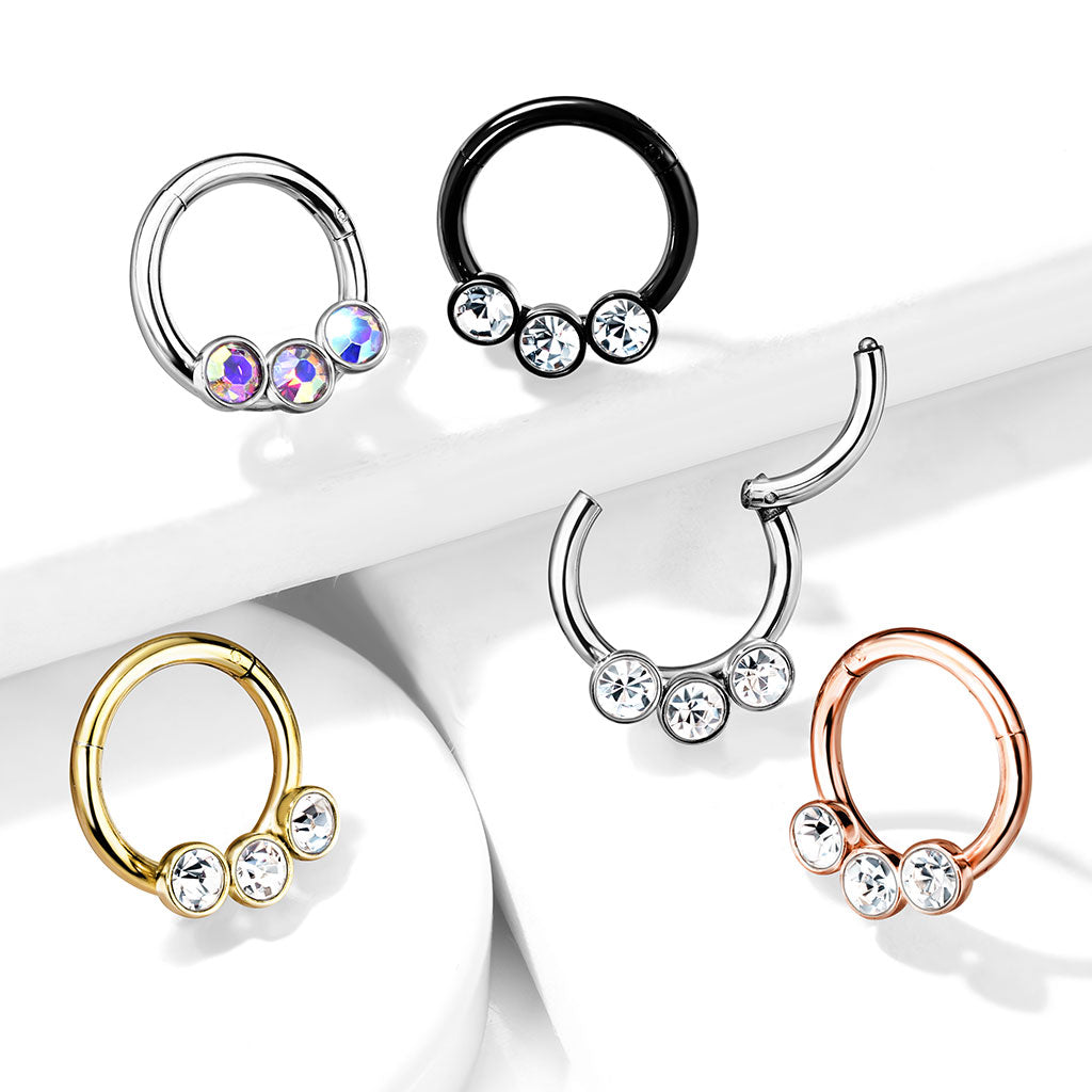 Cherry Diva Hinged Ring 16 Gauge Triple Crystal Hinged Hoop Ring