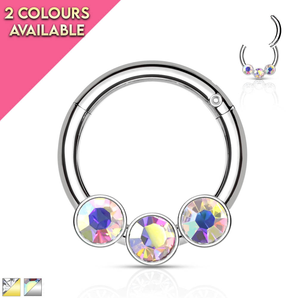 Cherry Diva Hinged Ring 16 Gauge Triple Crystal Hinged Hoop Ring