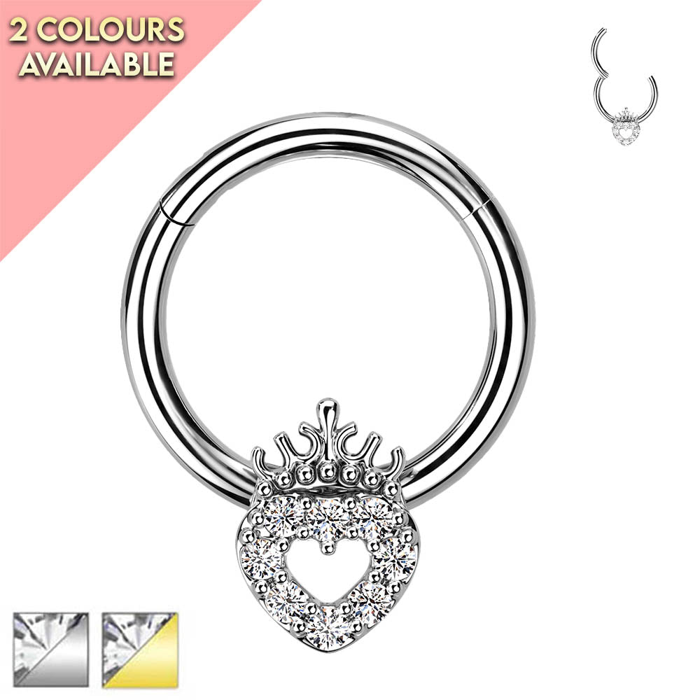Cherry Diva Hinged Ring 16 Gauge Hinged Heart & Crown Hoop Ring