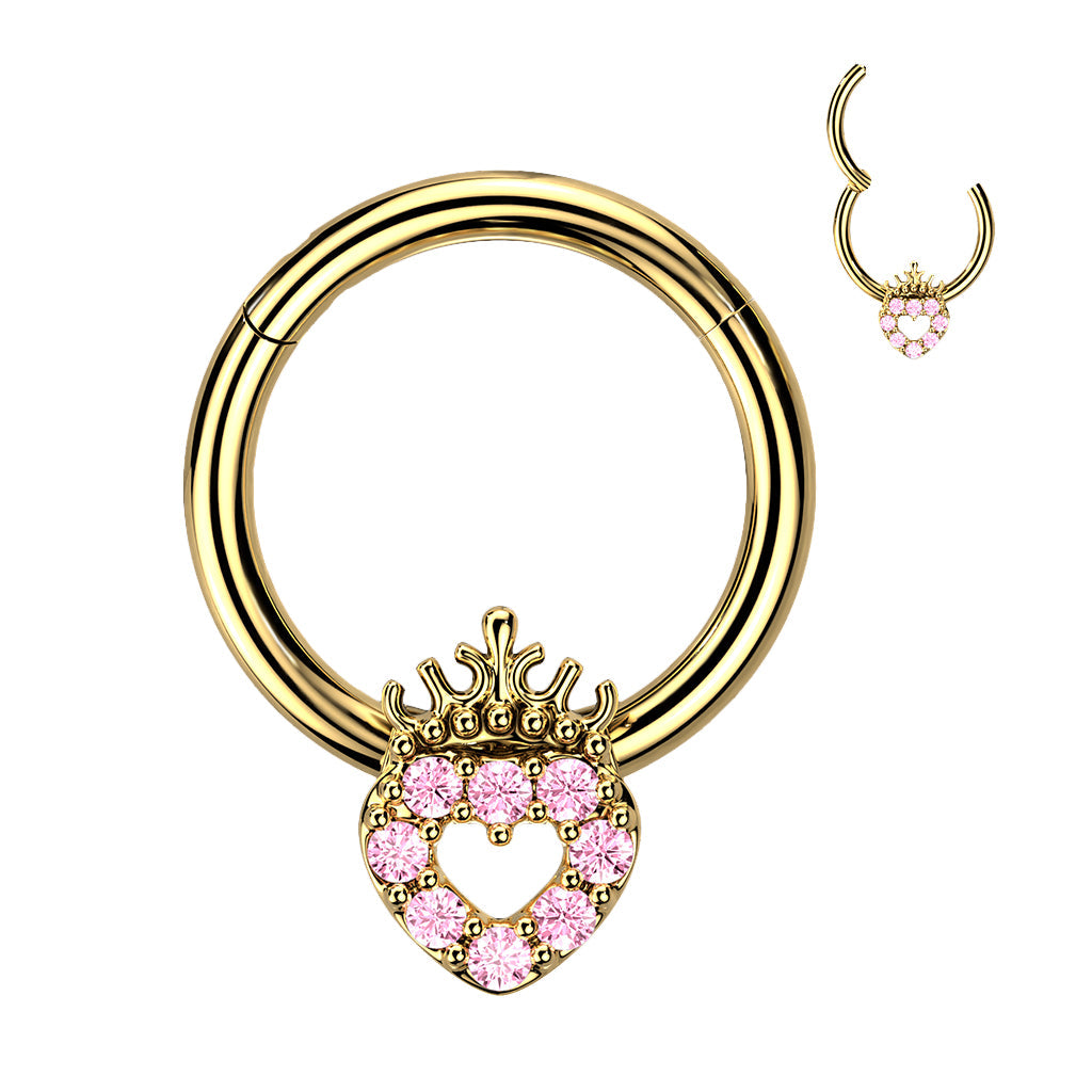 Cherry Diva Hinged Ring Gold 16 Gauge Hinged Heart & Crown Hoop Ring