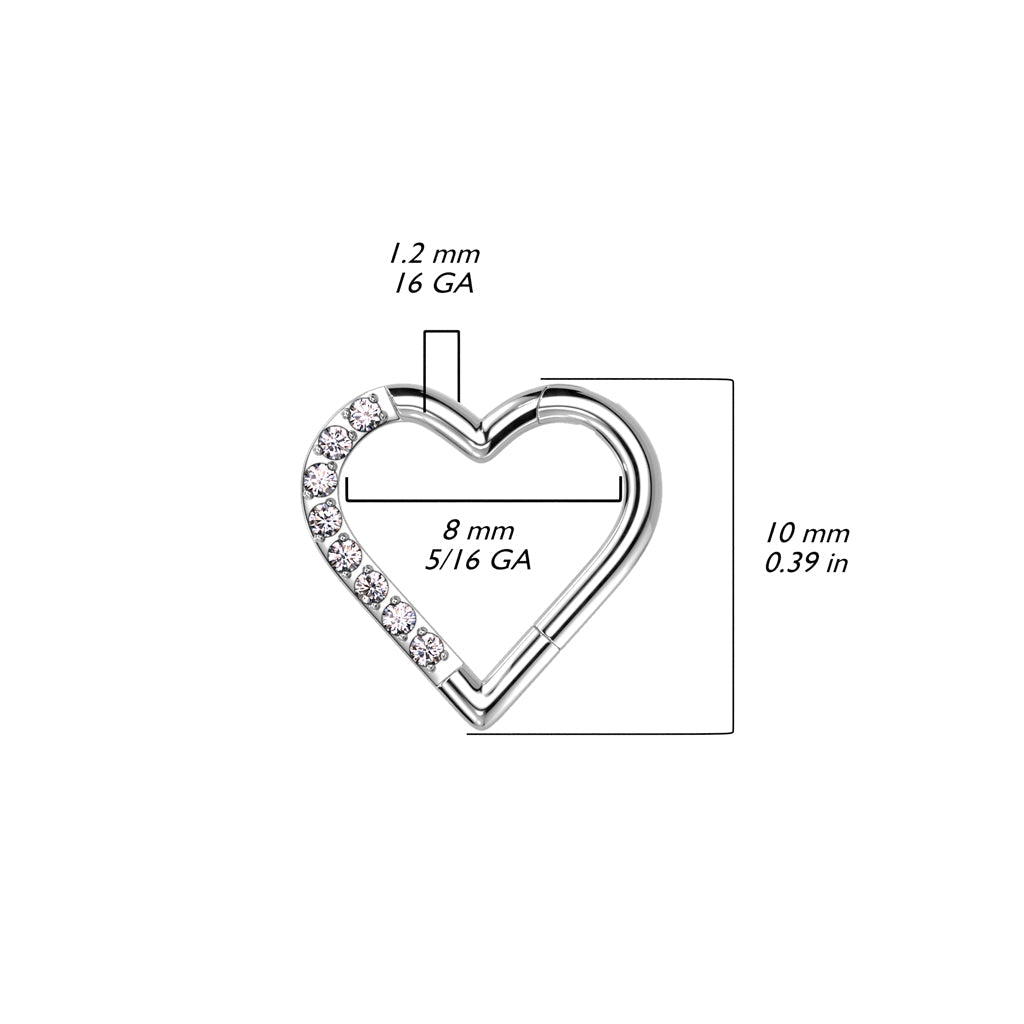 16 Gauge Titanium Crystal Heart Hinged Hoop Ring - Silver
