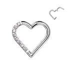 Cherry Diva Hoop Ring 16 Gauge Titanium Crystal Heart Hinged Hoop Ring - Silver