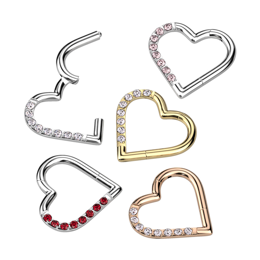 16 Gauge Titanium Crystal Heart Hinged Hoop Ring - Silver