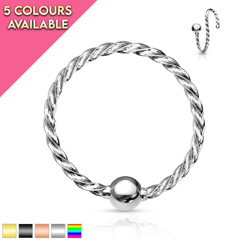 18 Gauge Fixed Ball Twisted Rope Bendable Hoop Ring