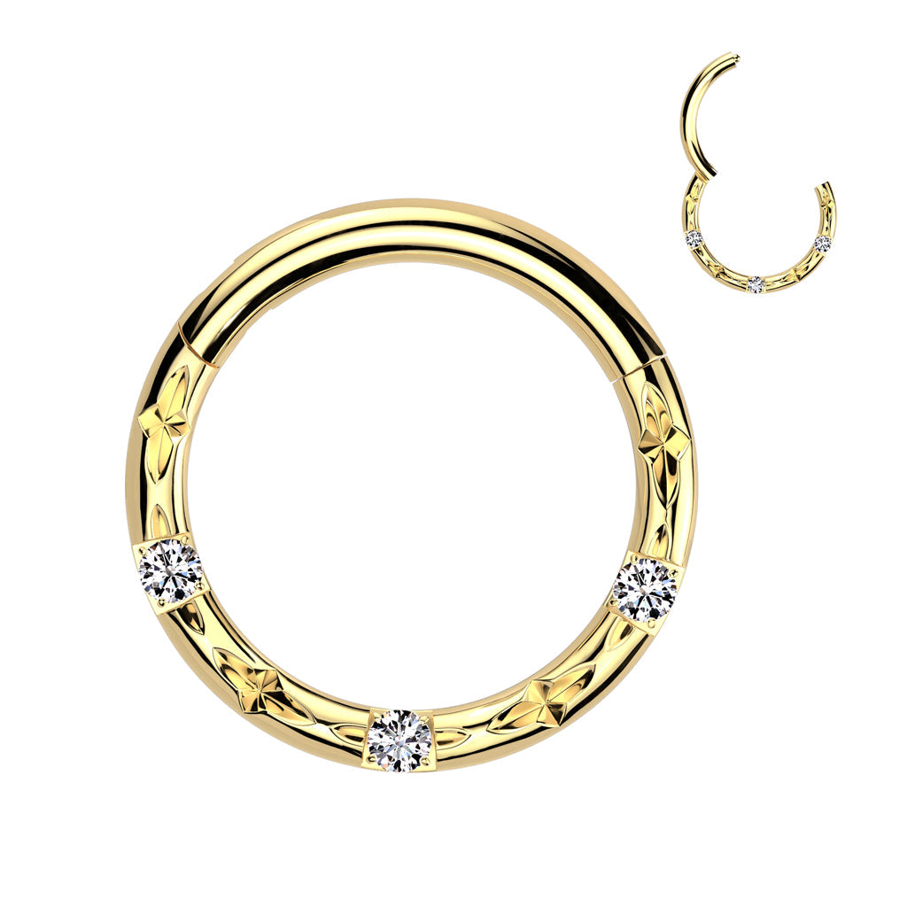 Cherry Diva Hoop Ring Gold 16 Gauge Titanium Crystal Cut Hinged Hoop