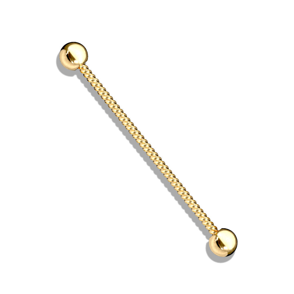 Cherry Diva Industrial Barbell Gold 14 Gauge Twisted Rope Surgical Steel Industrial Barbell