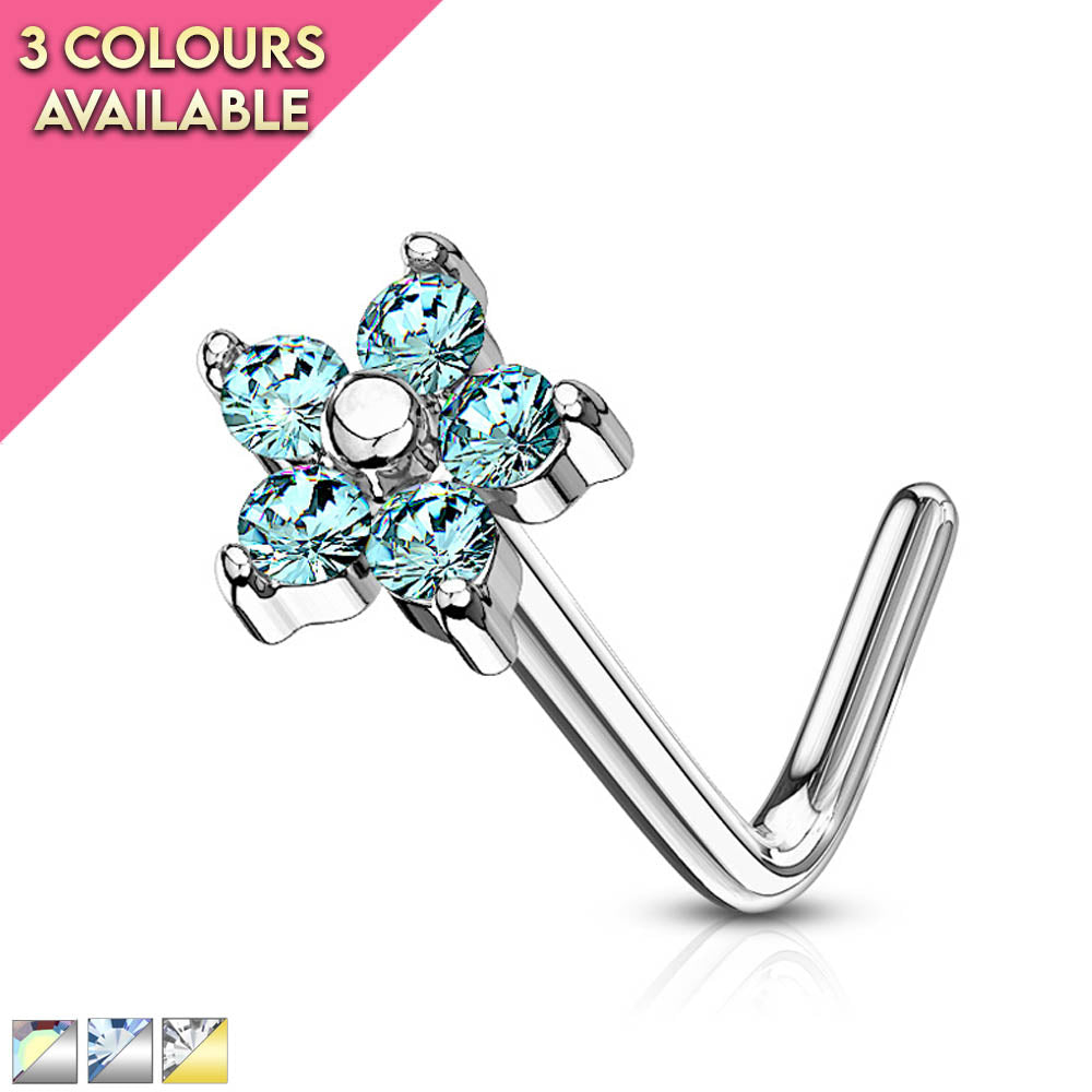 5 Petal Crystal Flower L Bend Nose Stud