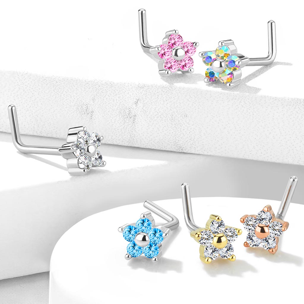 Cherry Diva L Bend Nose Stud 20 Gauge Five Petal Crystal Flower L Bend Nose Stud